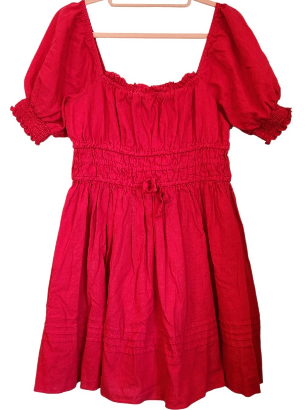 Chelsea & Violet Red Smocked Puff Sleeve Cottagecore Peasant Mini Dress Size L